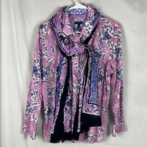 Talbots Purple and Blue Lightweight Paisley Cotton Blouse with Scarf